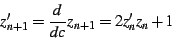 \begin{displaymath}
z'_{n+1}=\frac{d}{dc}z_{n+1}=2z'_{n}z_{n}+1
\end{displaymath}